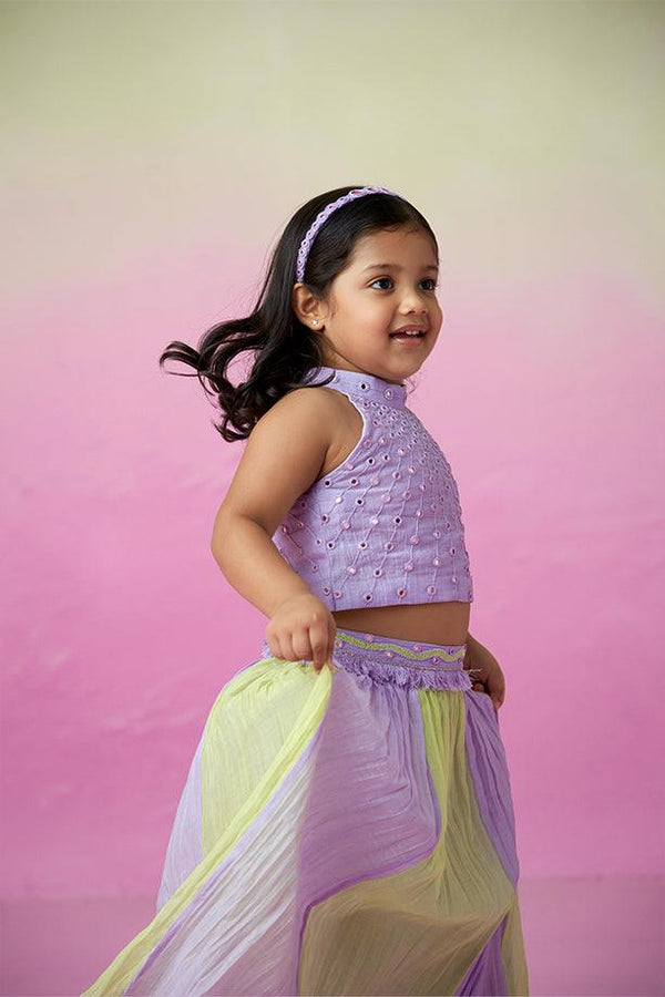 Rainbow Dream- Digital Lavender & Lime Hand Embroidered Skirt Top set for Girls - Totdot