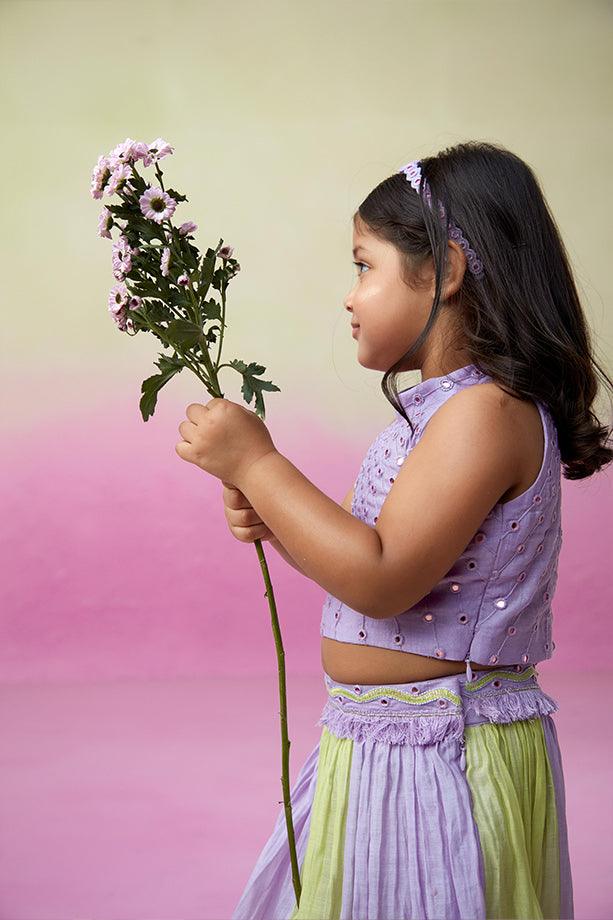 Rainbow Dream- Digital Lavender & Lime Hand Embroidered Skirt Top set for Girls - Totdot