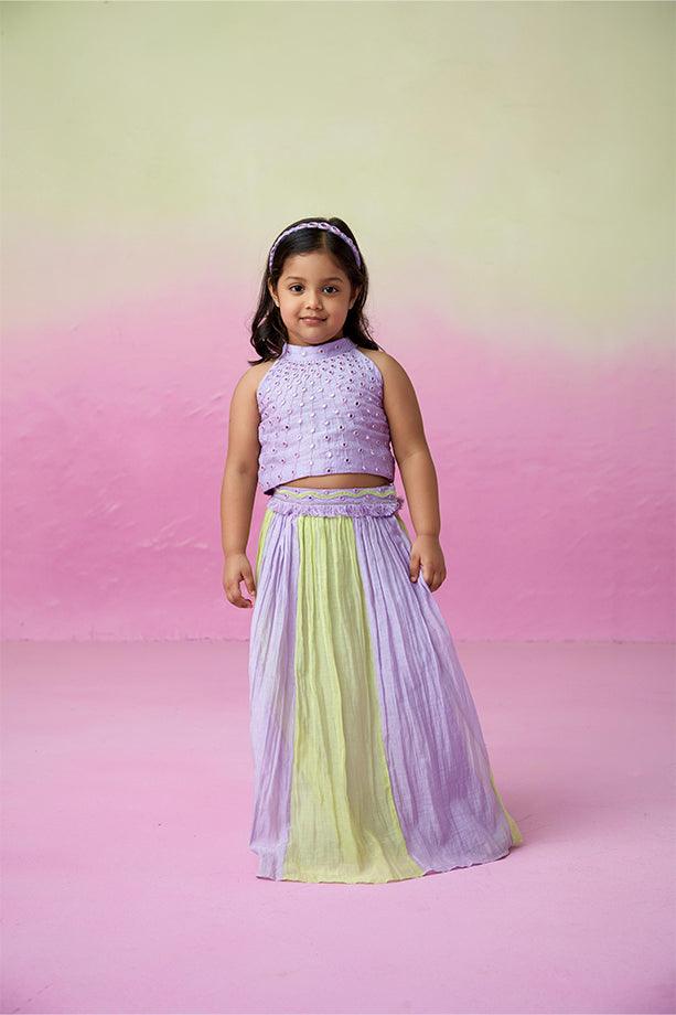 Rainbow Dream- Digital Lavender & Lime Hand Embroidered Skirt Top set for Girls - Totdot