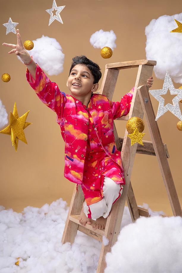 Rise At Dawn Pink Bandi Kurta and Off-White Pants Set for Boys - Totdot