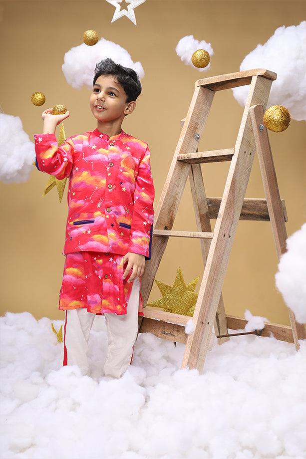 Rise At Dawn Pink Bandi Kurta and Off-White Pants Set for Boys - Totdot