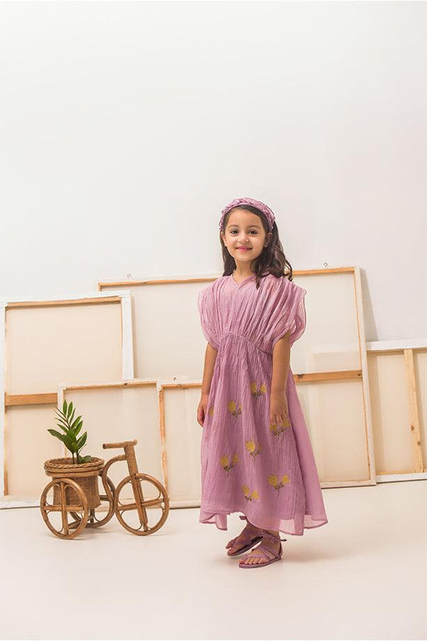 Row-Row- Lavender Chanderi Silk Hand Embroidered Gathered A-Line Dress for Girls - Totdot
