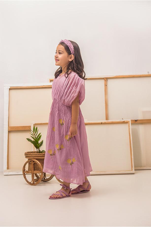Row-Row- Lavender Chanderi Silk Hand Embroidered Gathered A-Line Dress for Girls - Totdot