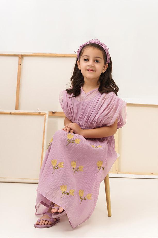 Row-Row- Lavender Chanderi Silk Hand Embroidered Gathered A-Line Dress for Girls - Totdot