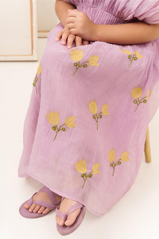 Row-Row- Lavender Chanderi Silk Hand Embroidered Gathered A-Line Dress for Girls - Totdot