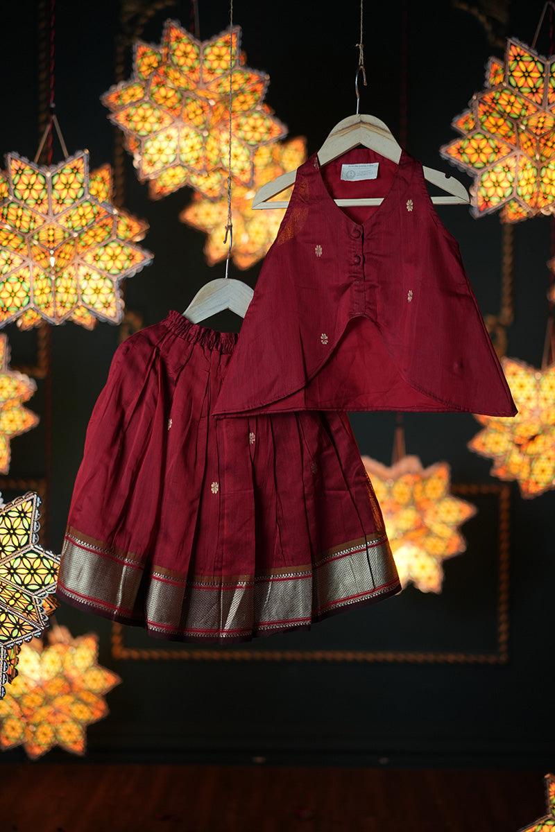 Rukmini girls ethnic wear top and pleated lehenga skirt coord in maroon handwoven cotton silk - Totdot