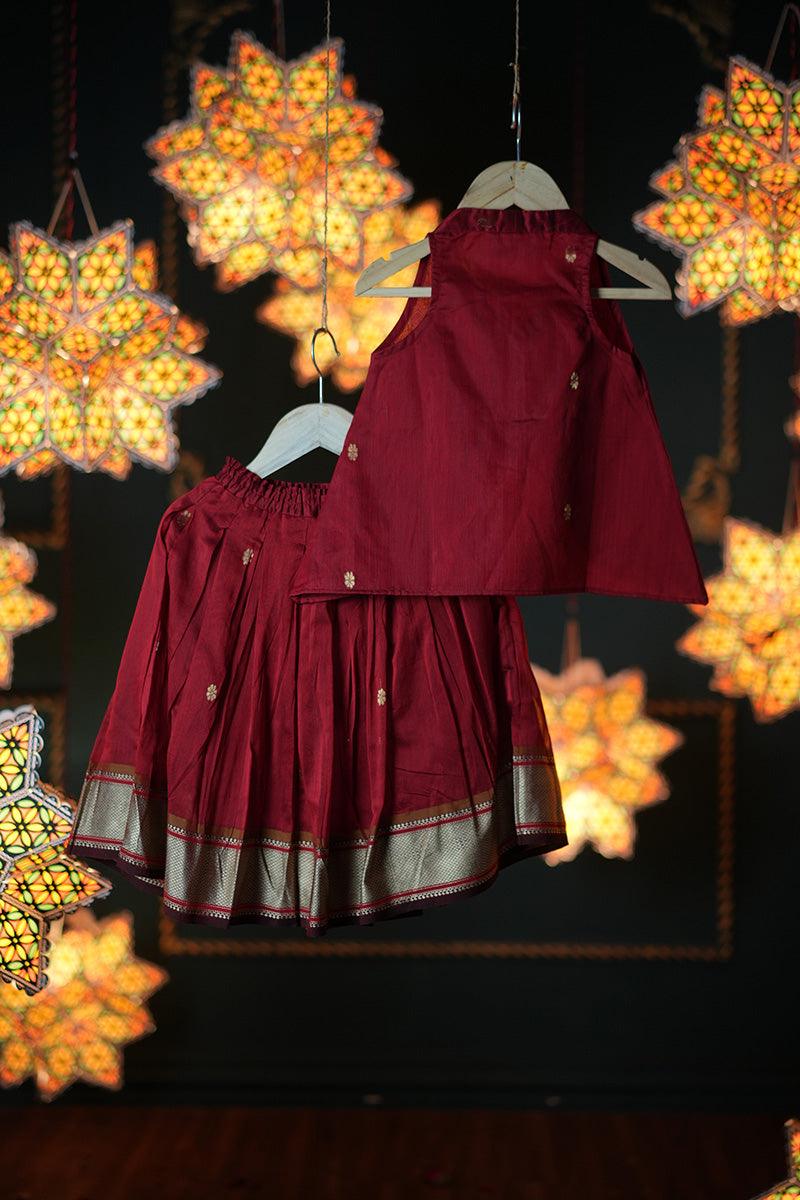 Rukmini girls ethnic wear top and pleated lehenga skirt coord in maroon handwoven cotton silk - Totdot