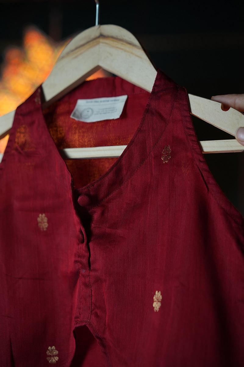 Rukmini girls ethnic wear top and pleated lehenga skirt coord in maroon handwoven cotton silk - Totdot