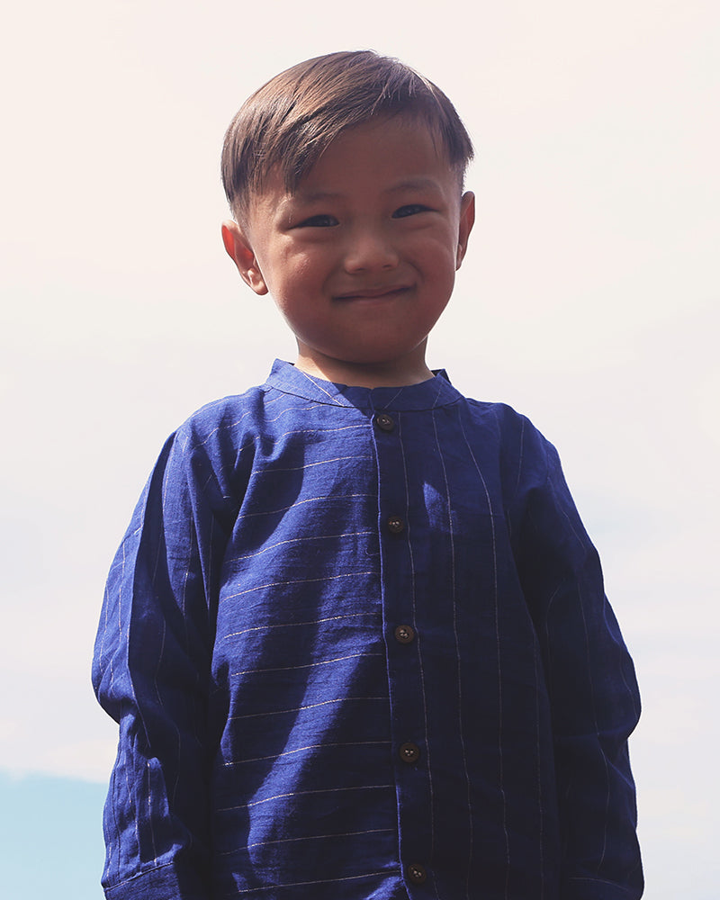 Barefoot Boy Chinese Collar Blue Stripes Shirt In Handwoven Cotton