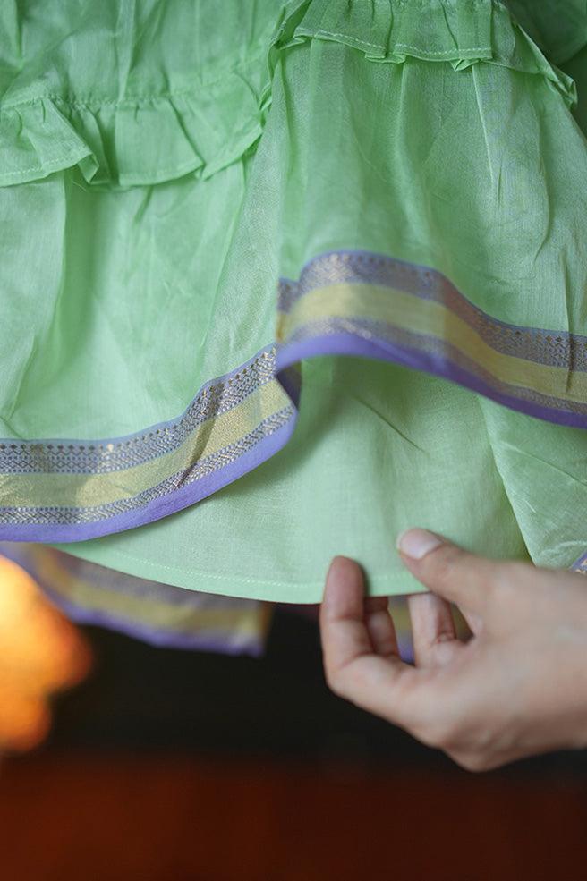 Sadabahar girls ethnic wear choli/ top and tiered lehenga skirt coord in pastel green handwoven cotton silk - Totdot