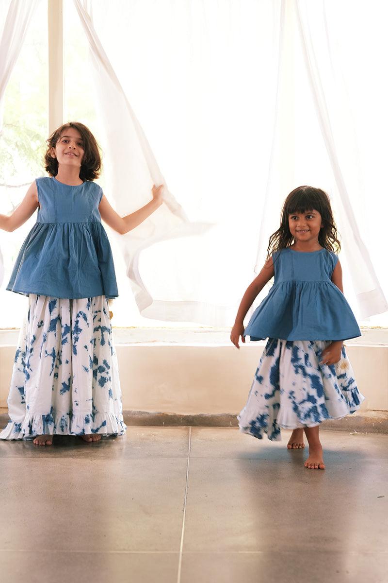 Set of 2 - 'Blue Sky’ top and high low tie and dye skirt in indigo - Totdot