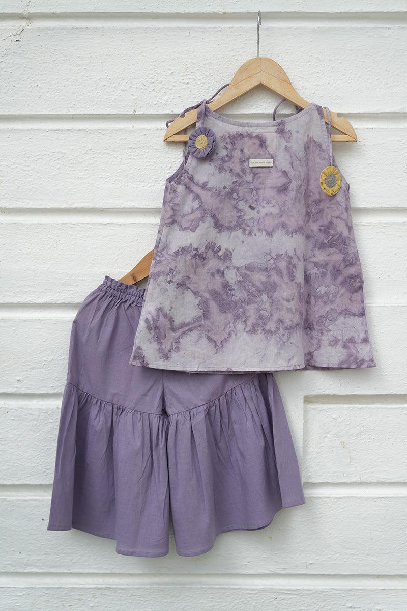 Set of 2 - ‘Ethereal’ natural dyed sharara pants and kurta set with handmade sling bag in lilac tie dye - Totdot