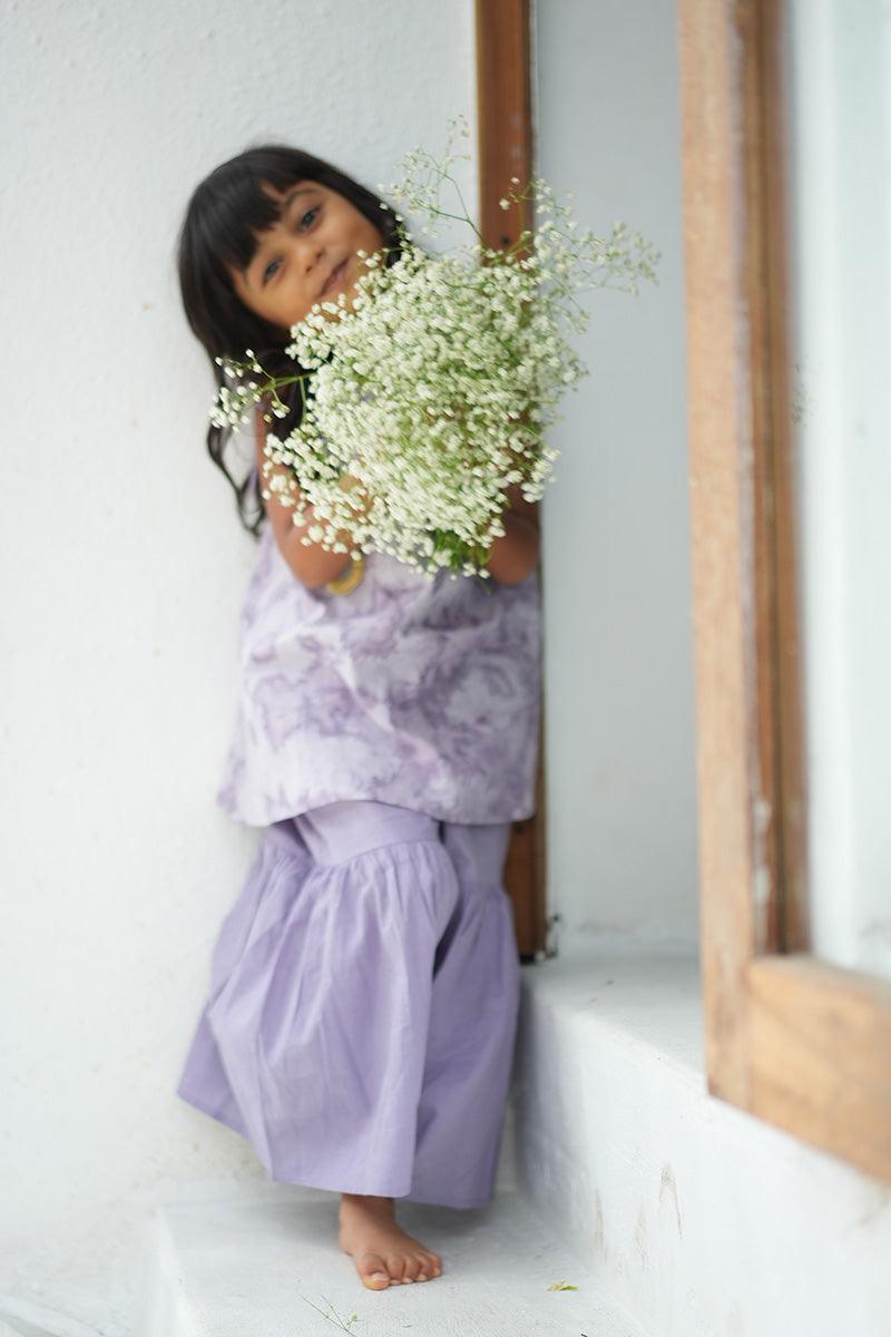 Set of 2 - ‘Ethereal’ natural dyed sharara pants and kurta set with handmade sling bag in lilac tie dye - Totdot