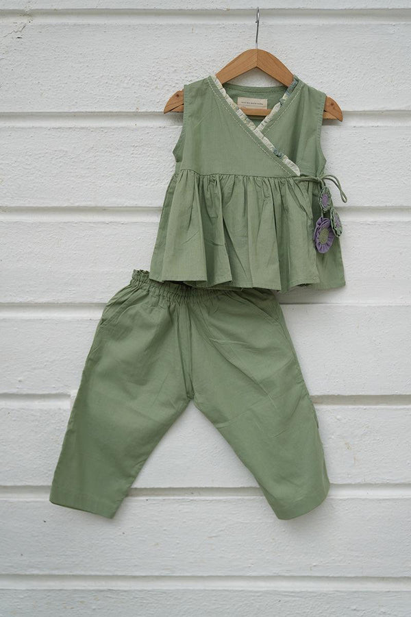 Set of 2 - 'Pista Barfi’ girls wrap top and pant coord set in green - Totdot