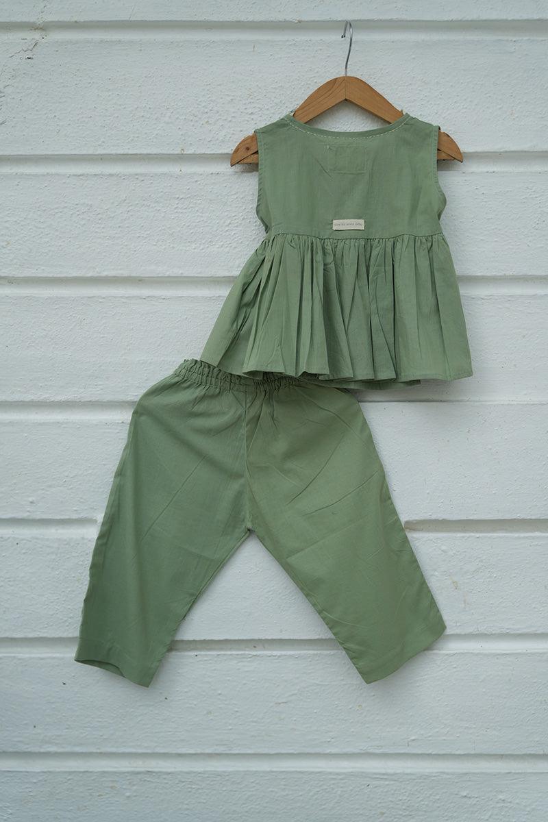 Set of 2 - 'Pista Barfi’ girls wrap top and pant coord set in green - Totdot