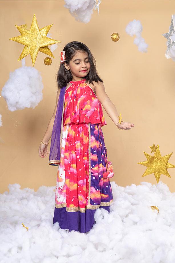 Sky Is A Miracle Pink Panelled Lehenga and Halter Neck Blouse Set for Girls - Totdot