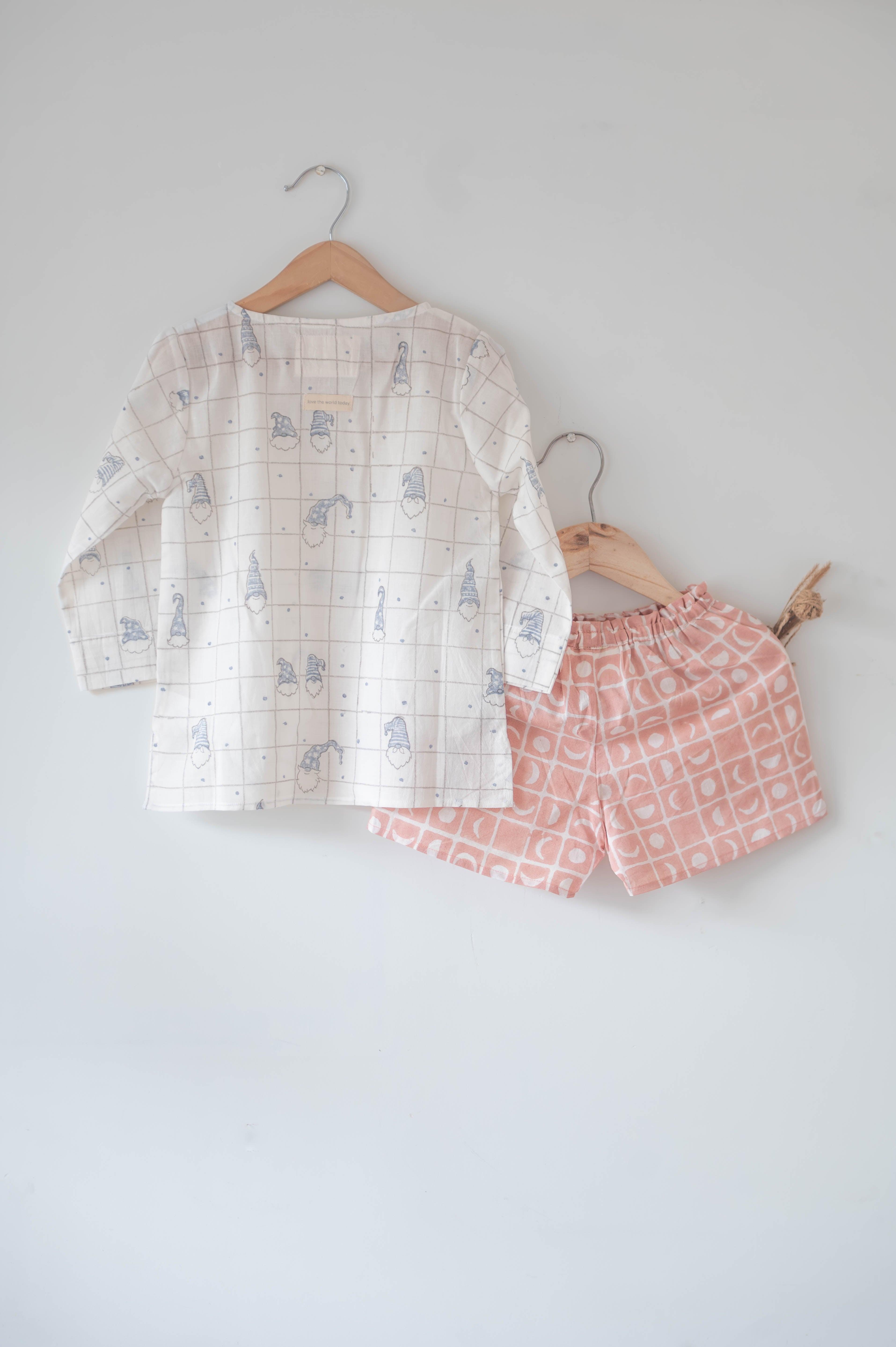 Sleepover Party’ unisex checkered powder blue elves full sleeve kurta and shorts set in peach moon chase hand block print - Totdot