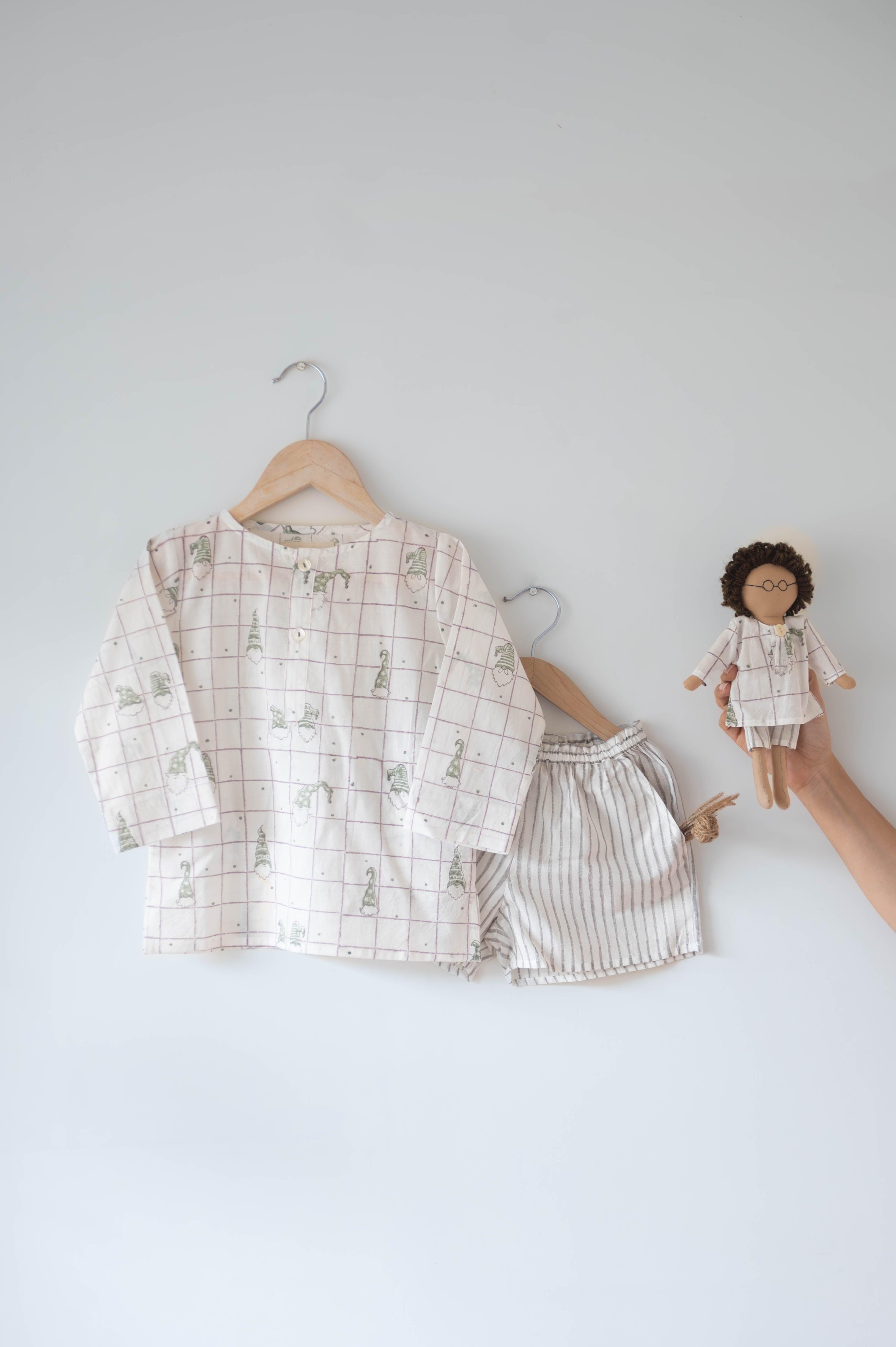 Sleepover Party’ unisex checkered sage green elves full sleeve kurta and shorts set in hand block print stripes - Totdot