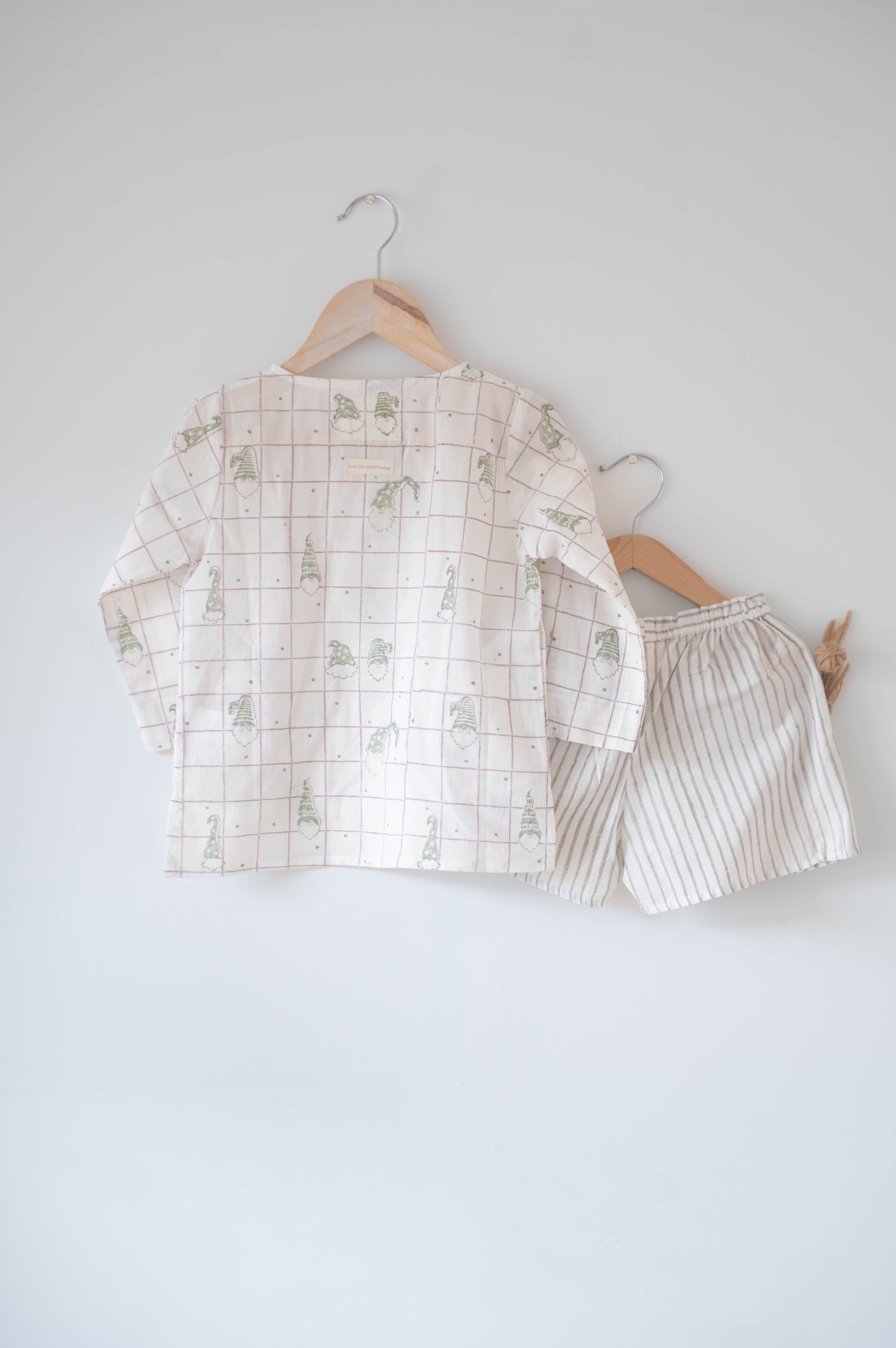 Sleepover Party’ unisex checkered sage green elves full sleeve kurta and shorts set in hand block print stripes - Totdot