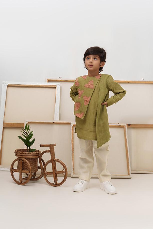 Space Unicorn- Green Chanderi Silk Hand Embroidered Asymmetrical Kurta & White Pants Set for Boys - Totdot