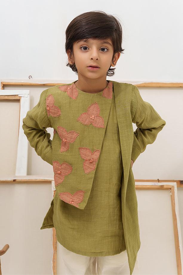 Space Unicorn- Green Chanderi Silk Hand Embroidered Asymmetrical Kurta & White Pants Set for Boys - Totdot