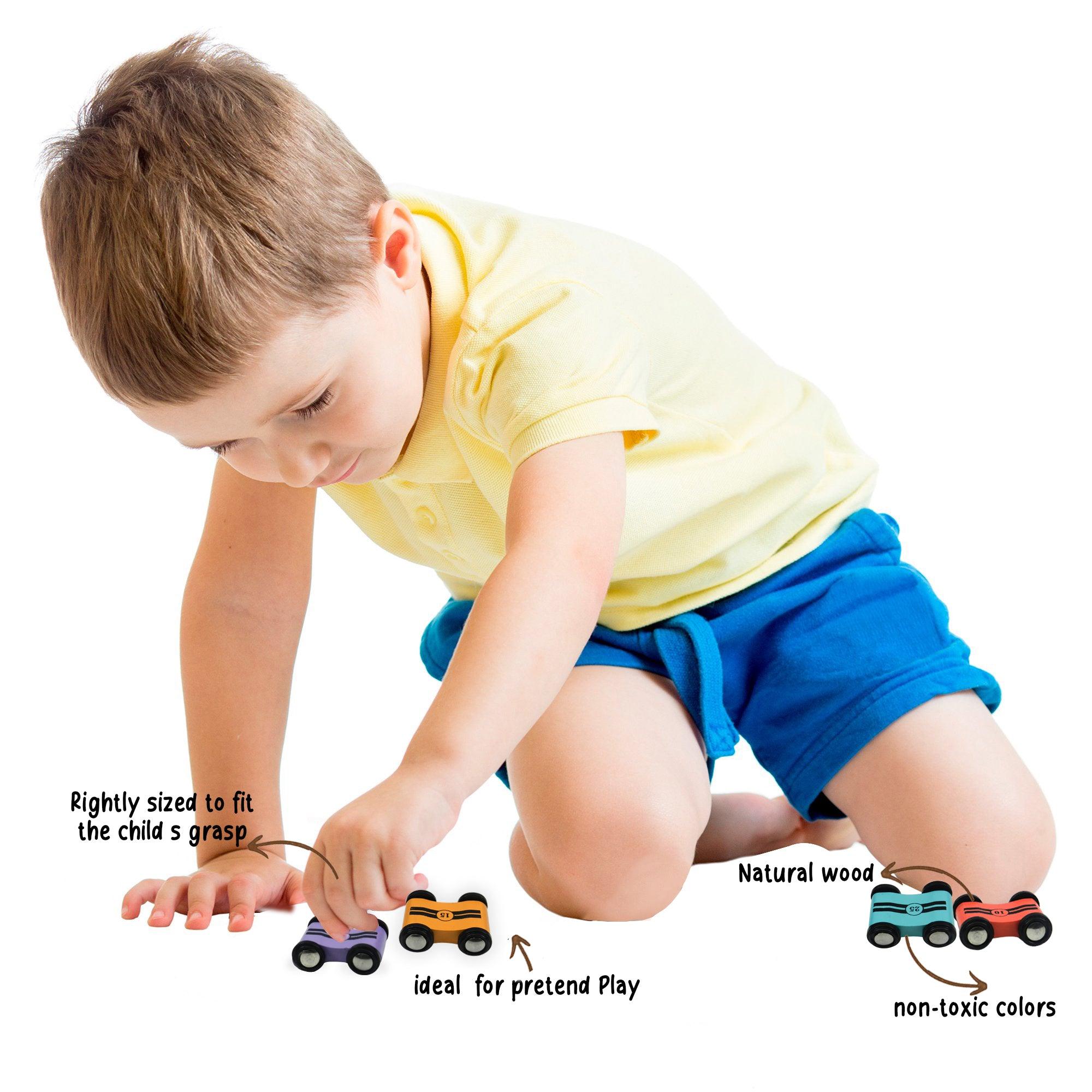 Speedy Wheels Toy Race Car Set- Wooden Racecars with 4 Hand Painted Colorful Cars, Moving Wheels for Racing- Fun Cars Set for Boys & Girls - Totdot