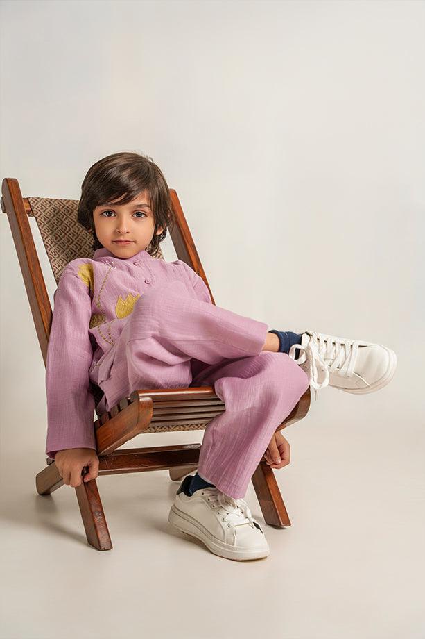 Spooky Bay- Lavender Chanderi Silk Hand Embroidered Full Sleeves Kurta & Pant Set for Boys - Totdot