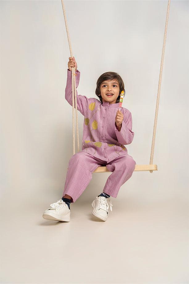 Spooky Bay- Lavender Chanderi Silk Hand Embroidered Full Sleeves Kurta & Pant Set for Boys - Totdot