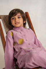Spooky Bay- Lavender Chanderi Silk Hand Embroidered Full Sleeves Kurta & Pant Set for Boys - Totdot