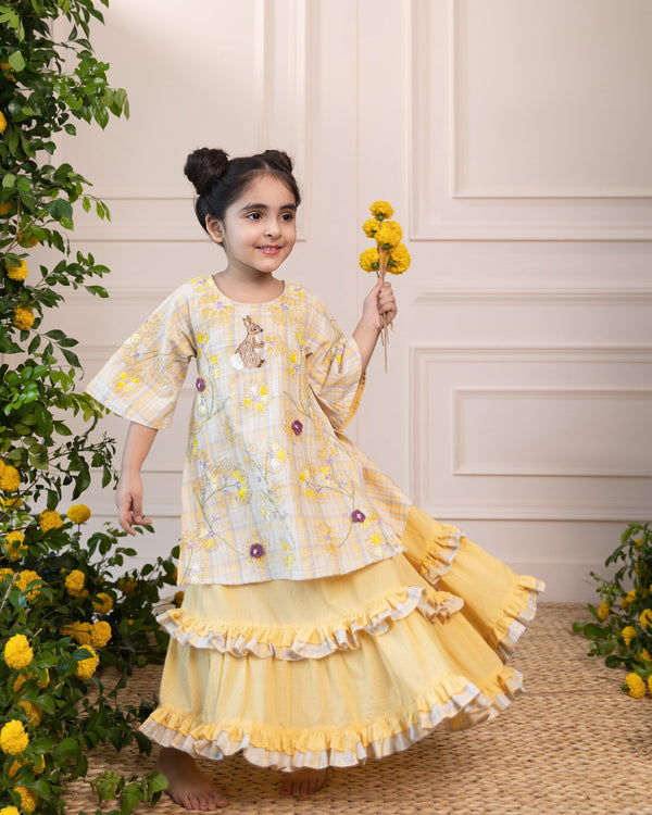 Sunlit Phulwari: Girls’ Embroidered Lehenga-Style Dress - Totdot