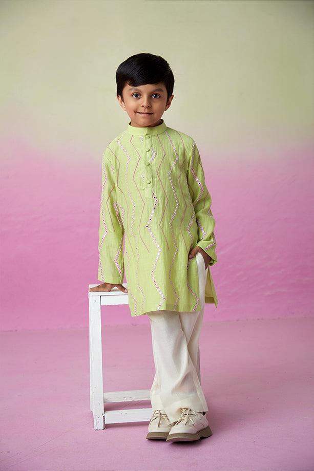 Sunny Daydream- Lime Hand Embroidered Kurta & Pants Set for Boys - Totdot