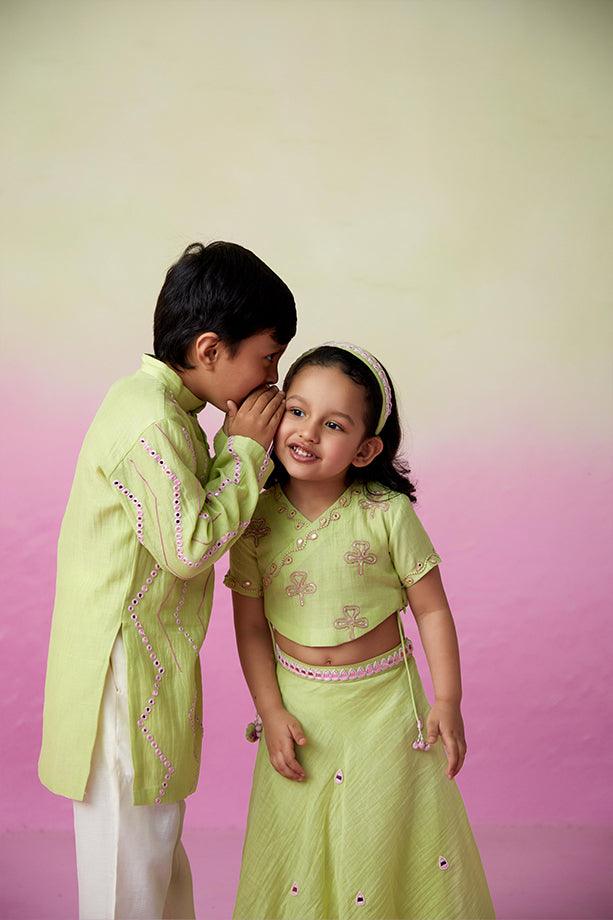 Sunny Daydream- Lime Hand Embroidered Kurta & Pants Set for Boys - Totdot