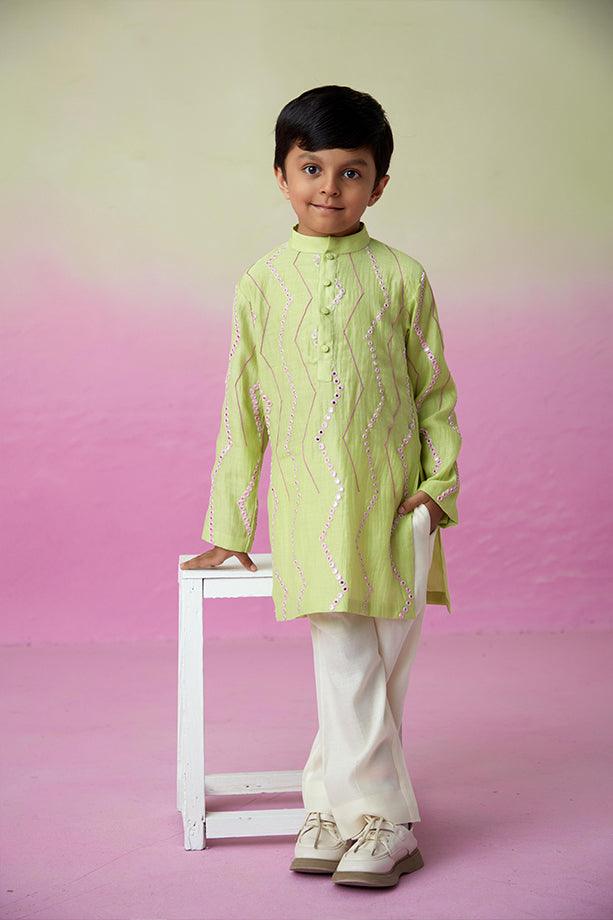 Sunny Daydream- Lime Hand Embroidered Kurta & Pants Set for Boys - Totdot