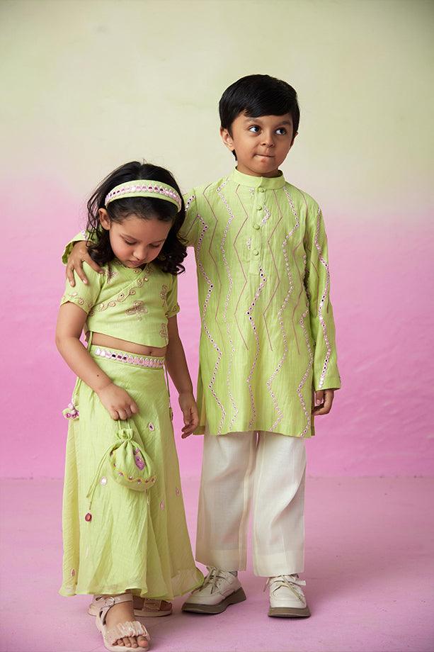 Sunny Daydream- Lime Hand Embroidered Kurta & Pants Set for Boys - Totdot