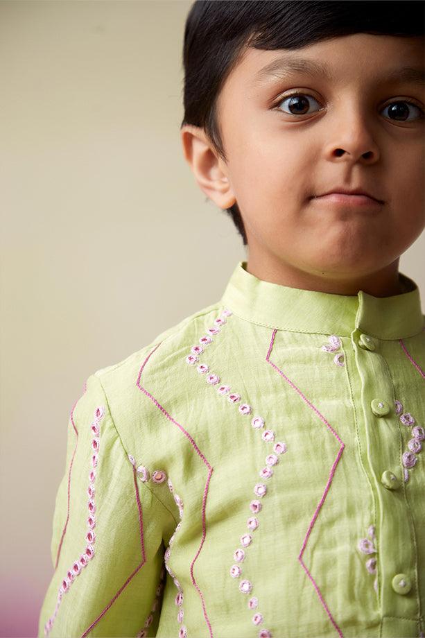 Sunny Daydream- Lime Hand Embroidered Kurta & Pants Set for Boys - Totdot