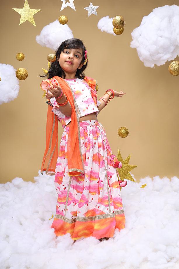 Sunshine In My Pocket Off-White Lehenga and Frilled Blouse Set for Girls - Totdot