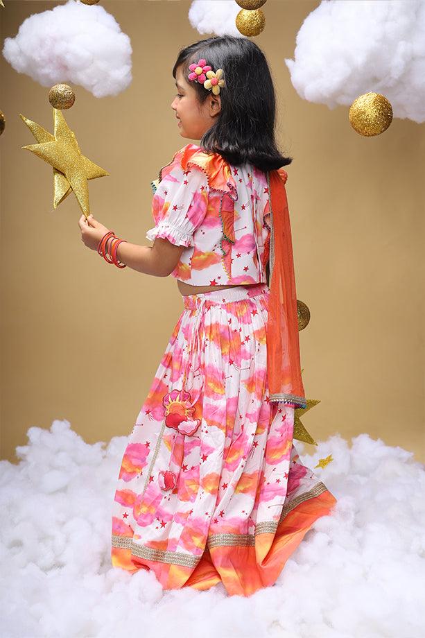 Sunshine In My Pocket Off-White Lehenga and Frilled Blouse Set for Girls - Totdot