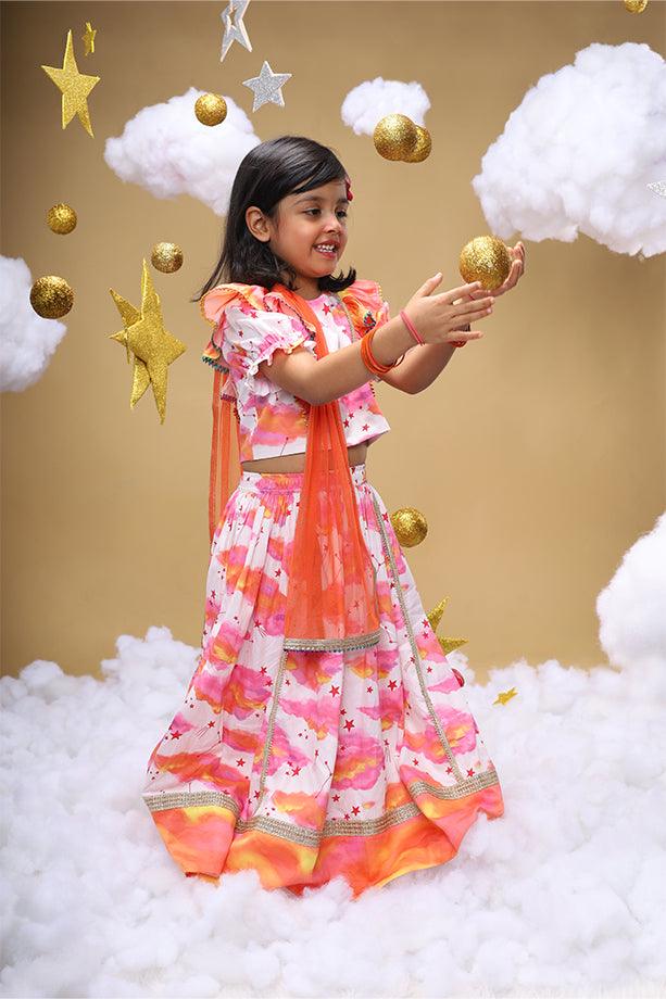 Sunshine In My Pocket Off-White Lehenga and Frilled Blouse Set for Girls - Totdot