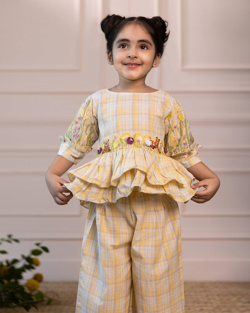 Sunshine Meadow: Girls’ Checkered Peplum Top and Pants Set - Totdot