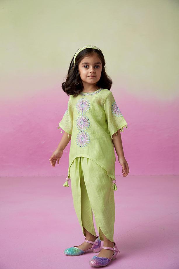 Sunshine Sparkle- Lime Hand Embroidered Kurta with Tulip Pants Set for Girls - Totdot