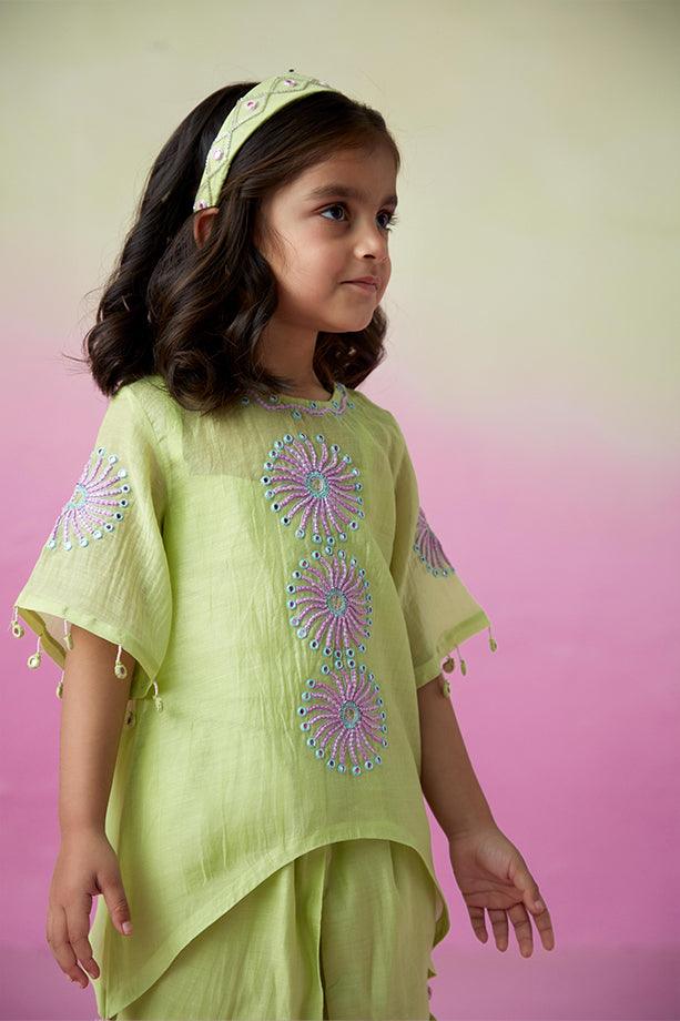 Sunshine Sparkle- Lime Hand Embroidered Kurta with Tulip Pants Set for Girls - Totdot