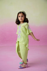 Sunshine Sparkle- Lime Hand Embroidered Kurta with Tulip Pants Set for Girls - Totdot