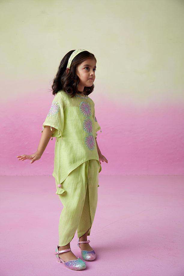 Sunshine Sparkle- Lime Hand Embroidered Kurta with Tulip Pants Set for Girls - Totdot