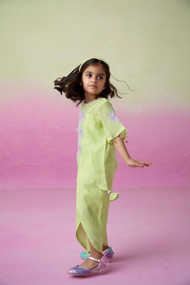 Sunshine Sparkle- Lime Hand Embroidered Kurta with Tulip Pants Set for Girls - Totdot