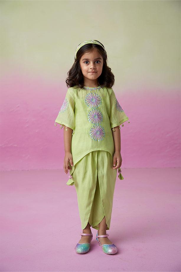 Sunshine Sparkle- Lime Hand Embroidered Kurta with Tulip Pants Set for Girls - Totdot