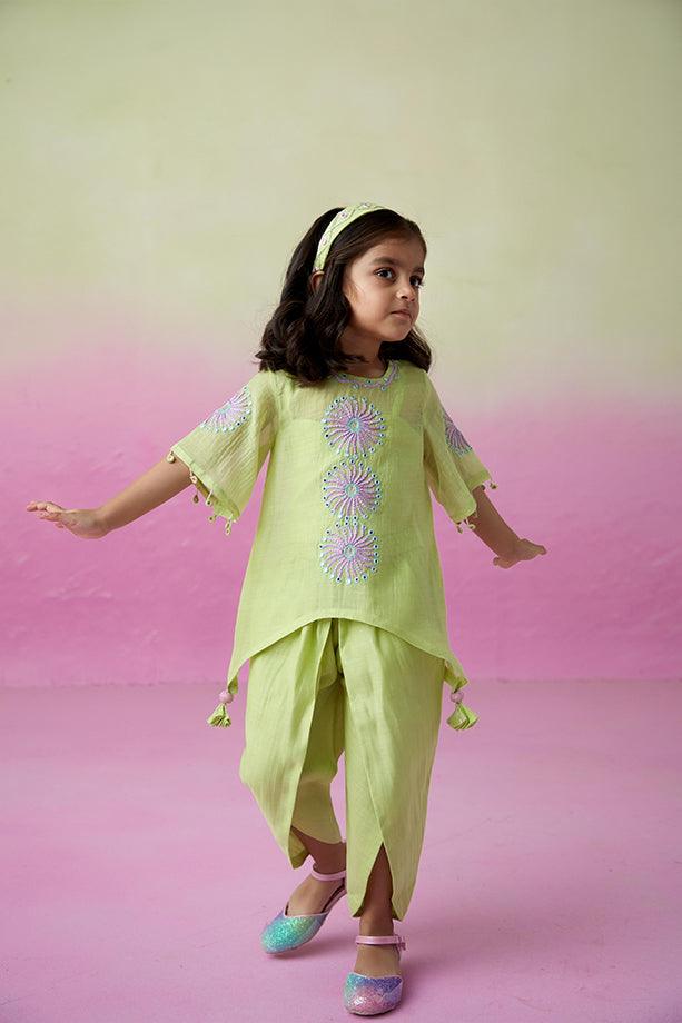 Sunshine Sparkle- Lime Hand Embroidered Kurta with Tulip Pants Set for Girls - Totdot