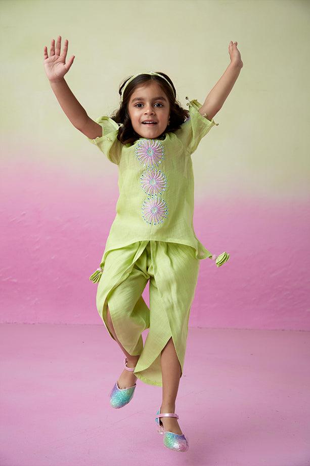 Sunshine Sparkle- Lime Hand Embroidered Kurta with Tulip Pants Set for Girls - Totdot