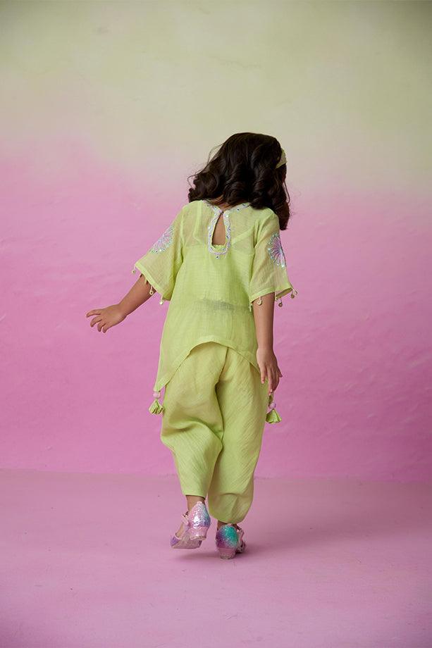 Sunshine Sparkle- Lime Hand Embroidered Kurta with Tulip Pants Set for Girls - Totdot