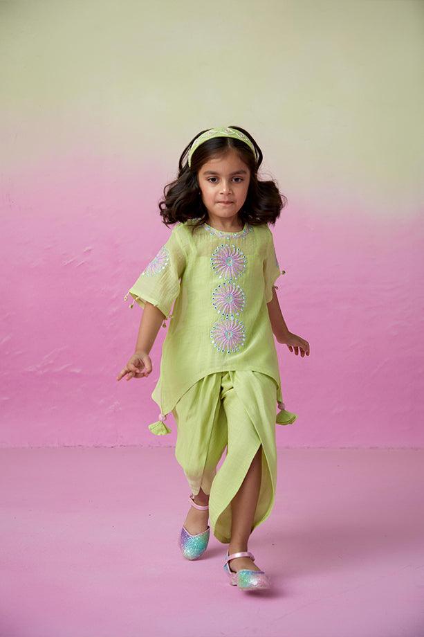 Sunshine Sparkle- Lime Hand Embroidered Kurta with Tulip Pants Set for Girls - Totdot