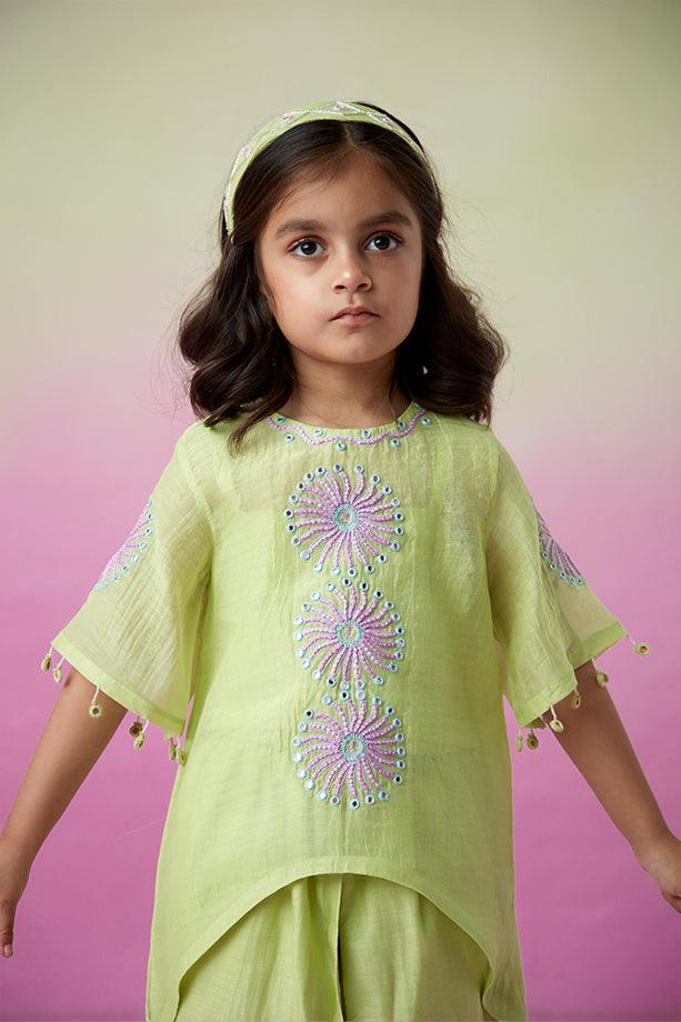 Sunshine Sparkle- Lime Hand Embroidered Kurta with Tulip Pants Set for Girls - Totdot
